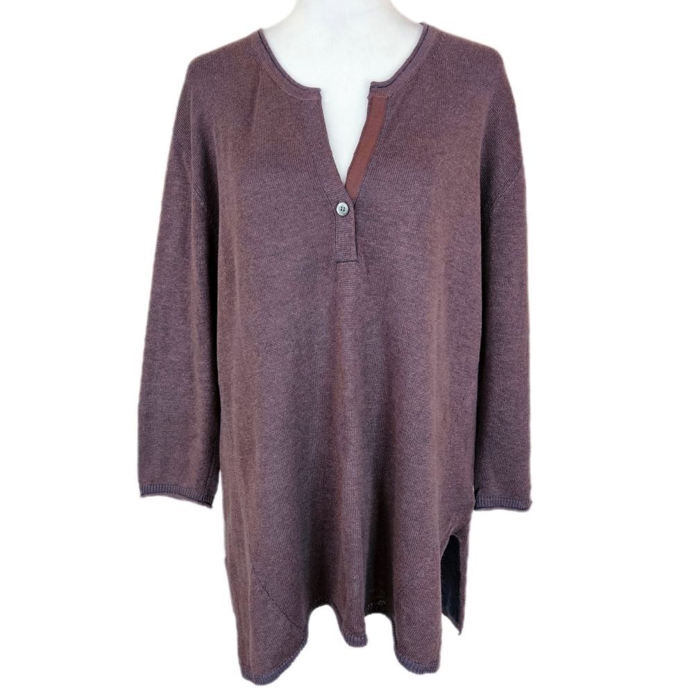Poetry Linen Cotton Tunic Henley Top Womens 8 Oversized Knit Quiet Luxury Purple